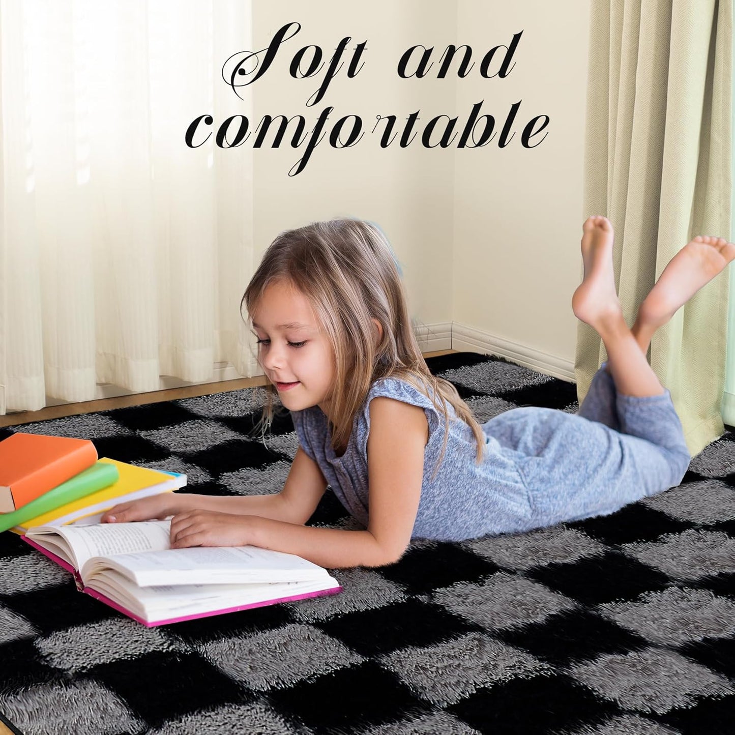 Super Soft Rug for Bedroom, 6x9 Ft Grey and Black Area Rug Classic Checkered Shaggy Rug Anti-Skid High Pile Soft Fluffy Fuzzy Carpet for Living Room Bedroom Kids Room Nursery, Dorm Home Decor