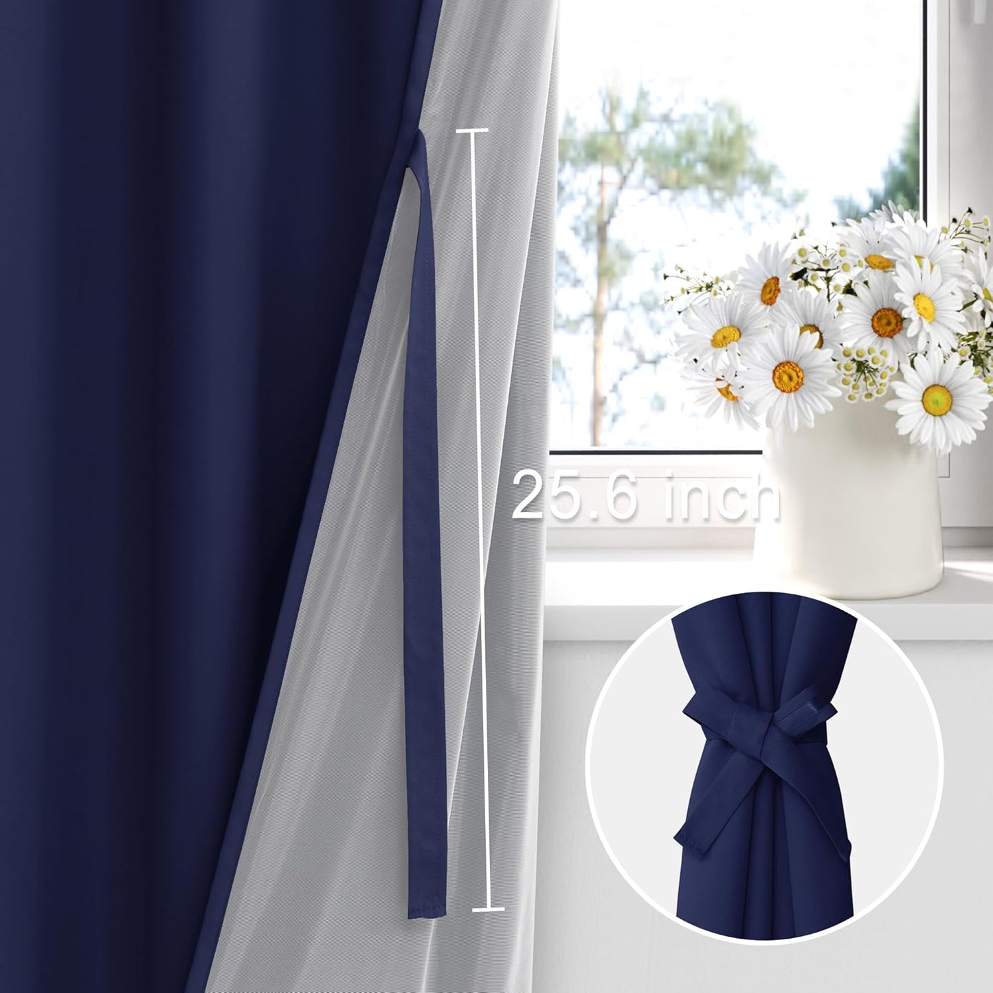 XWZO 100% Blackout Curtains - Extra Long Thermal Insulated Black Liner Rod Pocket Curtains, Noise Reducing and Heat Blocking Drapes for Bedroom with Tiebacks, Navy Blue, W52 x L108, Set of 2