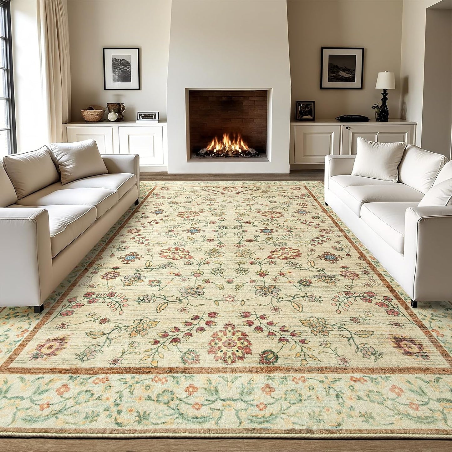 LOCHAS Washable Area Rugs 6x9, Beige Floral Rug for Living Room Bedroom Non Slip, Ultra Soft Vintage Indoor Carpet for Kids, Nursery, Dorm, Dining Room, Classroom, Boho Flower Home Decor, Low-Pile