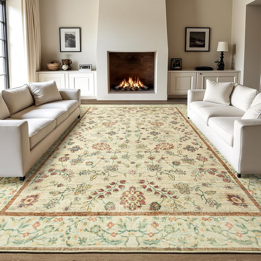 LOCHAS Washable Area Rugs 6x9, Beige Floral Rug for Living Room Bedroom Non Slip, Ultra Soft Vintage Indoor Carpet for Kids, Nursery, Dorm, Dining Room, Classroom, Boho Flower Home Decor, Low-Pile