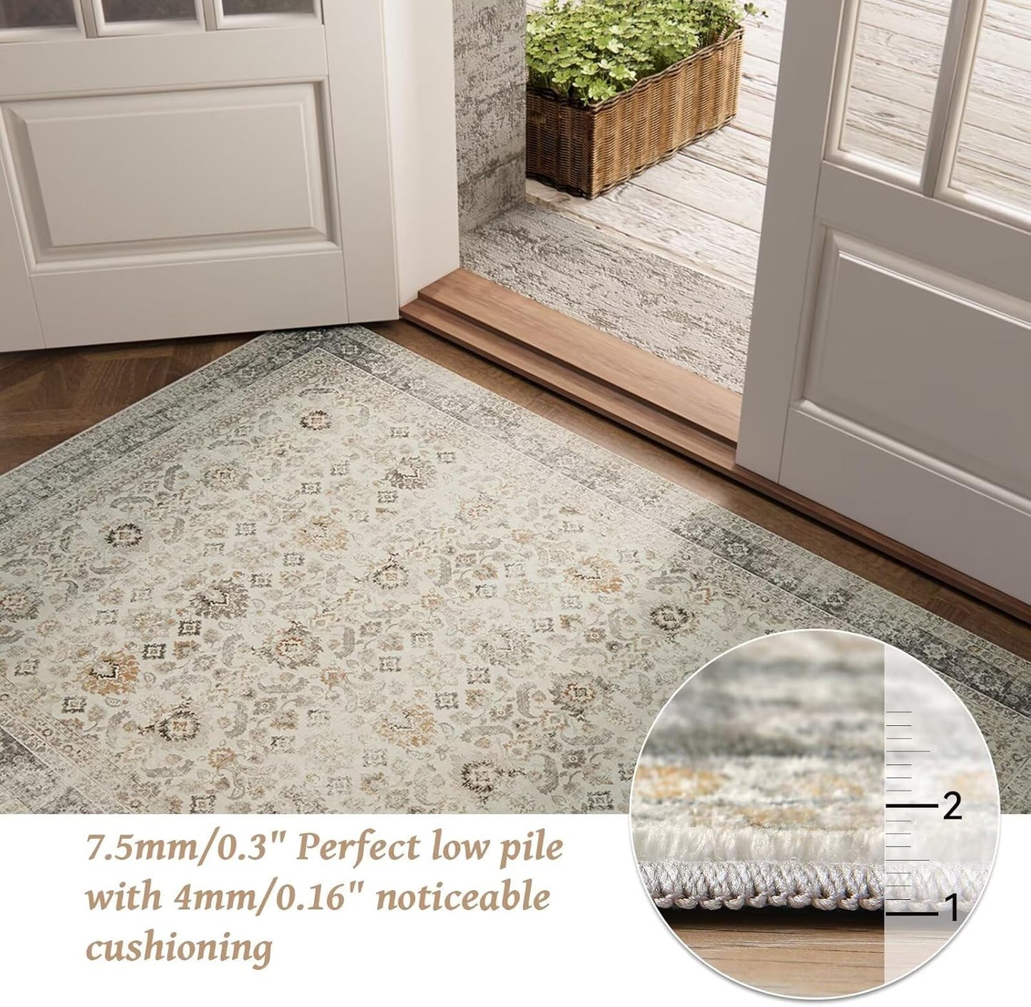 Washable 3x5 Entryway Rug Indoor, Boho Non-Slip Silicone Backing Small Rugs for Kitchen Nursery Office Bedroom, 0.3" Neutral Oriental Throw Carpet with 0.16" Cushioning Pad, Grey/Multi