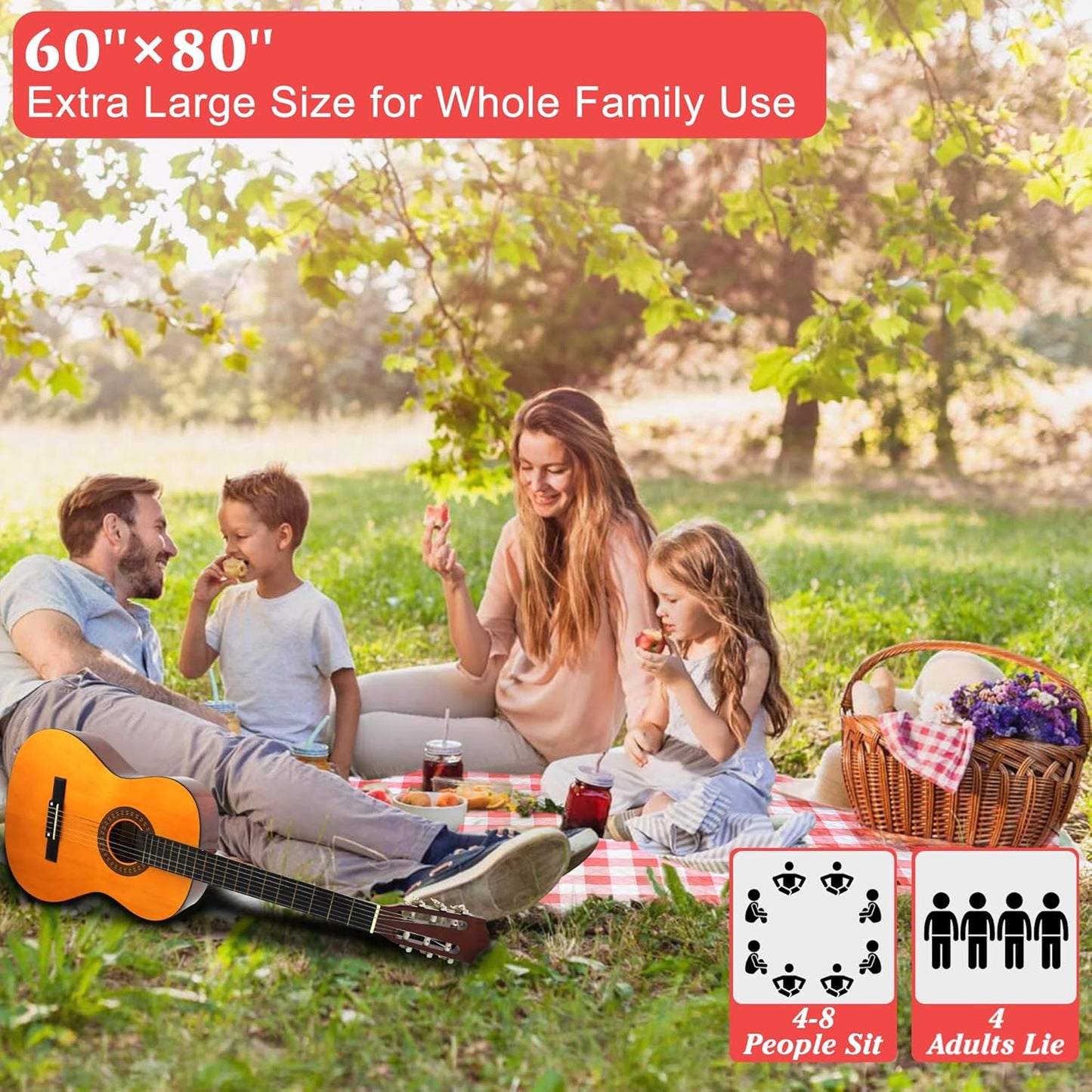 HX&OD Outdoor Picnic Blanket, Extra Large, 80''x60'' Waterproof Foldable Blankets Gingham Picnic Mat for Beach, Camping Grass Lawn Park Accessories Cute Couple Ideas Wedding (Red, 80”x60”)
