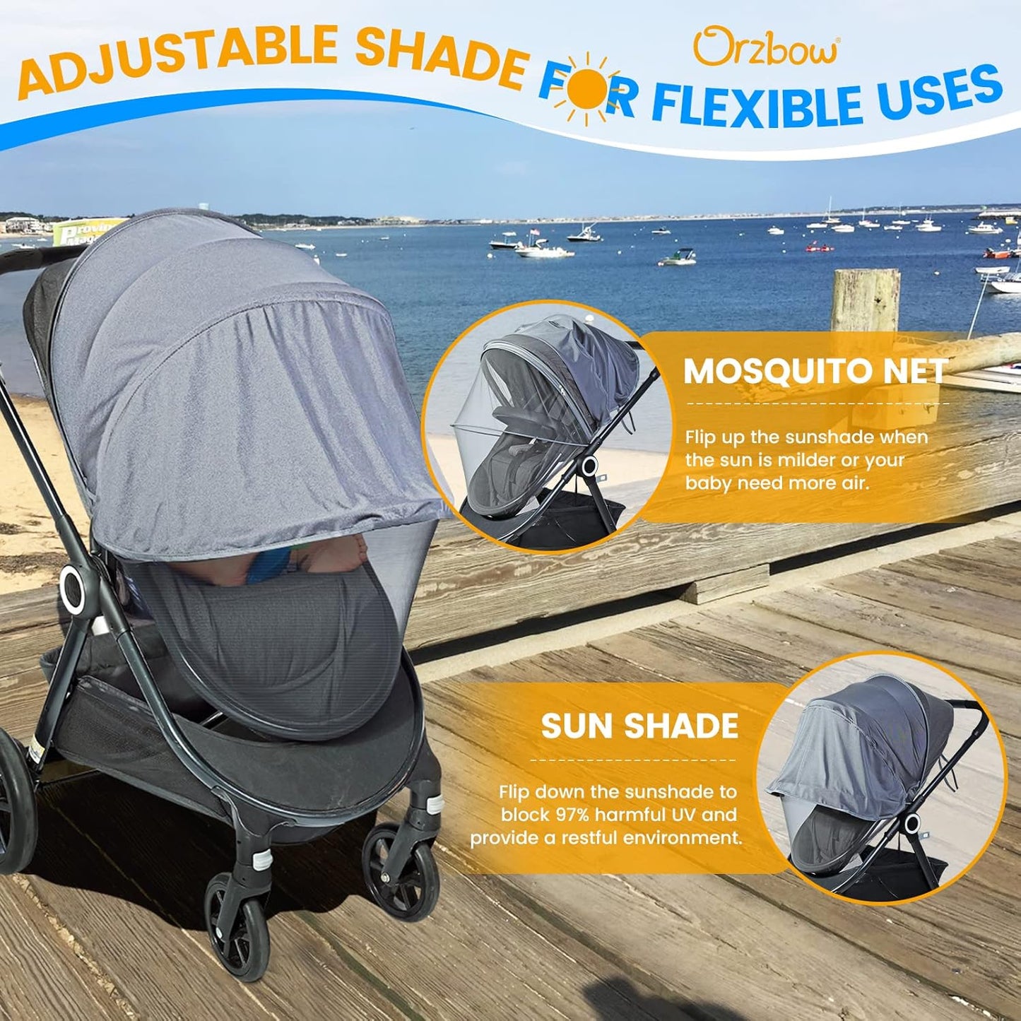 Orzbow 2-in-1 Baby Mosquito Net with UPF50+ Sunshade for Stroller, Breathable Stroller Mosquito Netting Privacy Cover with Two-Way Zipper & Storage Bag for Bassinet, Car Seat & Carrycot, Grey