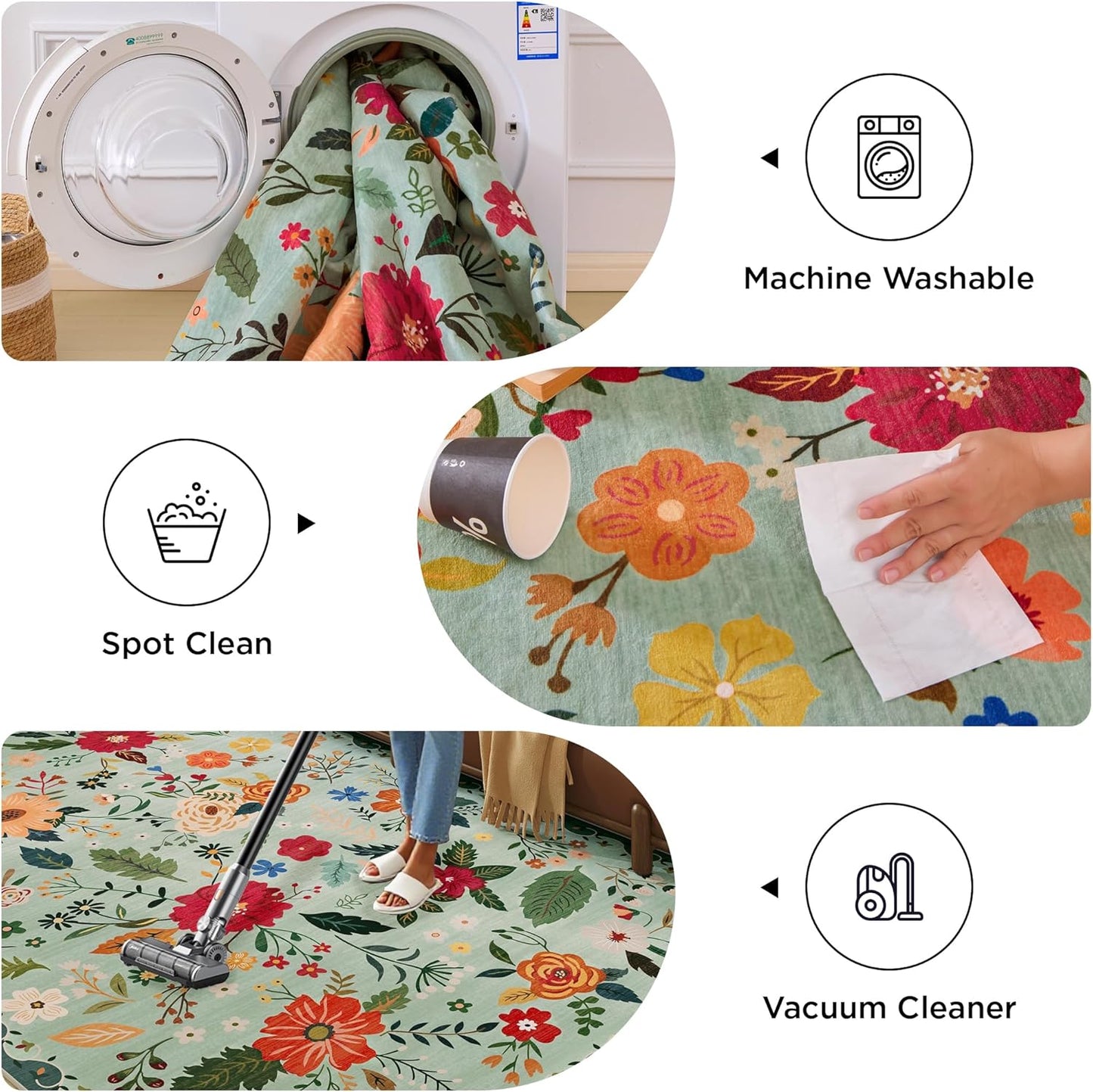 3x5 Area Rug, Floral Green Washable Rug for Entryway, Non Slip Flower Area Rugs, Soft Low Pile Indoor Doormat Small Carpet, Rugs for Living Room Bedroom Nursery Kitchen Dining Room, Sage Green