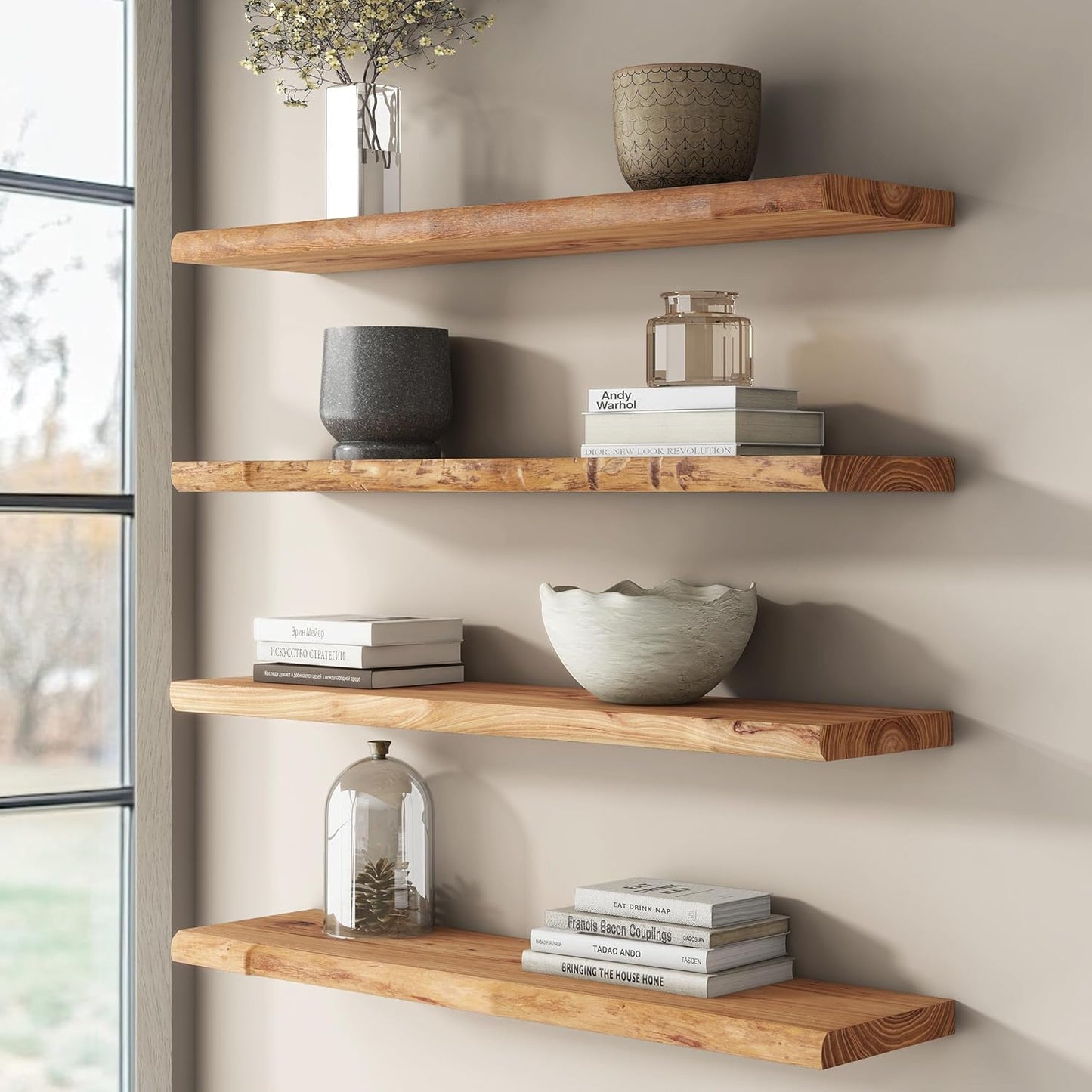 Rustic Elm Wood Floating Shelves for Wall, Live Edge 24"W x 9.2"D x 1.4"H, Set of 2 with Invisible Bracket, Wall Mounted Storage Shelves for Living Room Bedroom Kitchen Bathroom Decor, Natural Finish