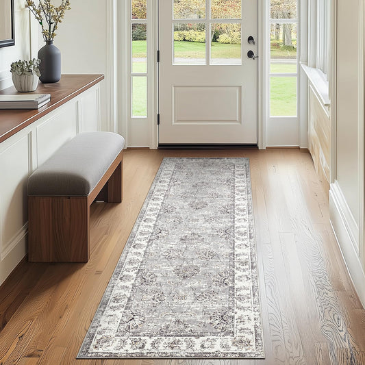 jinchan Runner Rug 2x7 Machine Washable Hallway Rug Grey Vintage Floral Print Non-Slip Low Pile Ultra-Thin for Kitchen,Entryway,Laundry Room,Bedroom,Farmhouse (2‘x7’,Grey)