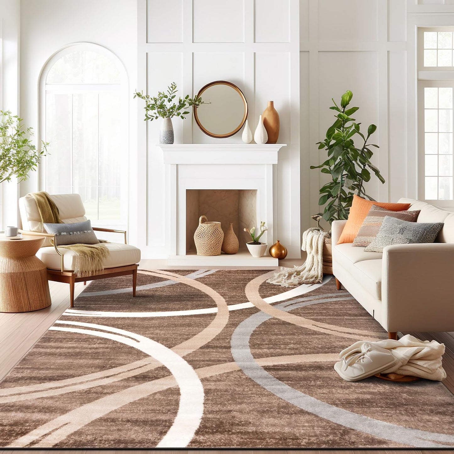 Rugshop Modern Wavy Circles Design Area Rug 10' x 14' Brown