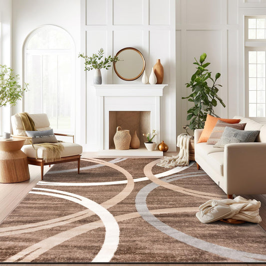 Rugshop Modern Wavy Circles Design Area Rug 10' x 14' Brown