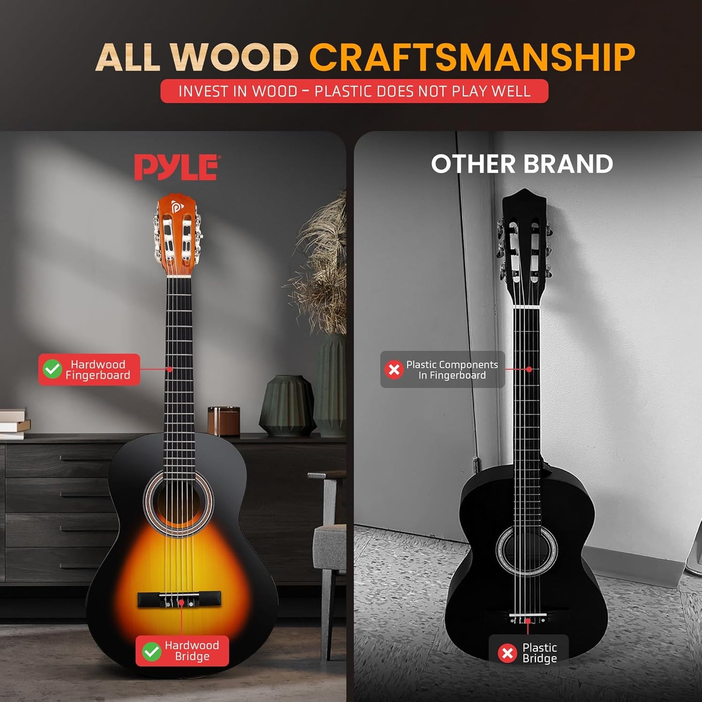 Pyle Beginner Acoustic Guitar Kit, 4/4 Full Size All Wood Build Nylon String Instrument with Capo, Gig Bag, Strap, Extra String Set, Guitars for Beginners Adults Youth, 39" Sunburst Teardrop Gloss