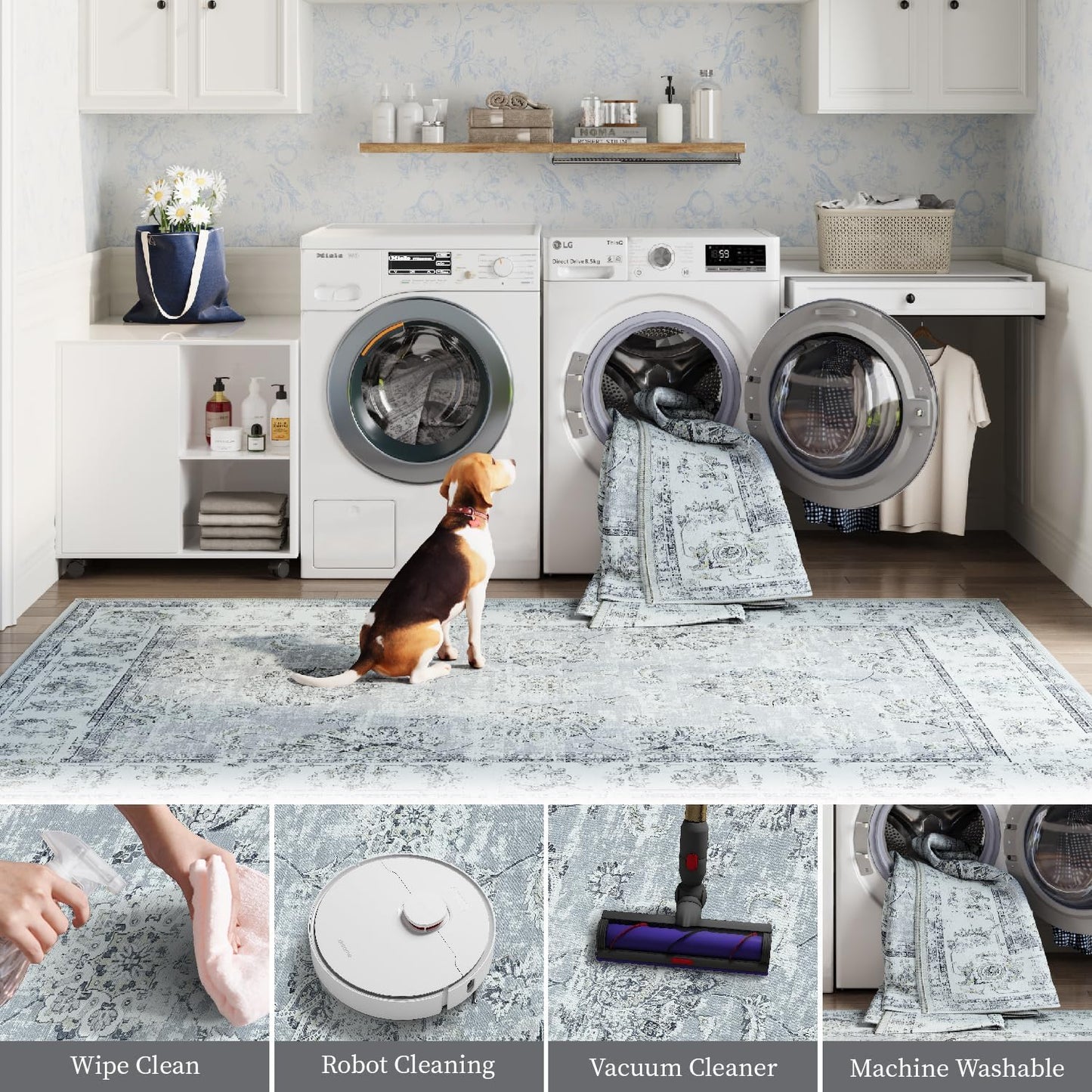 jinchan Hallway Runner Rug 3x8 Washable Runner - Vintage Floral Non Slip Low-Pile Soft Thin Faux Wool Kitchen Rug Distressed Carpet for Farmhouse Bedroom Laundry Room(3x8ft,Grey)