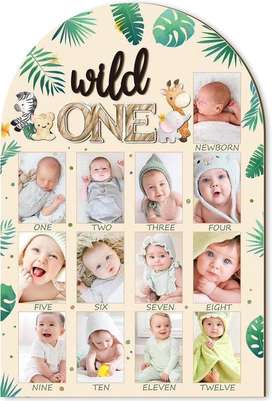 R HORSE My First Year Photo Frame Board, 3D Wild One Birthday Decoration, Jungle Themed Baby First Year Picture Frame 12 Months Milestone Display Wood Board Nursery Decor Gift for Boy Girl
