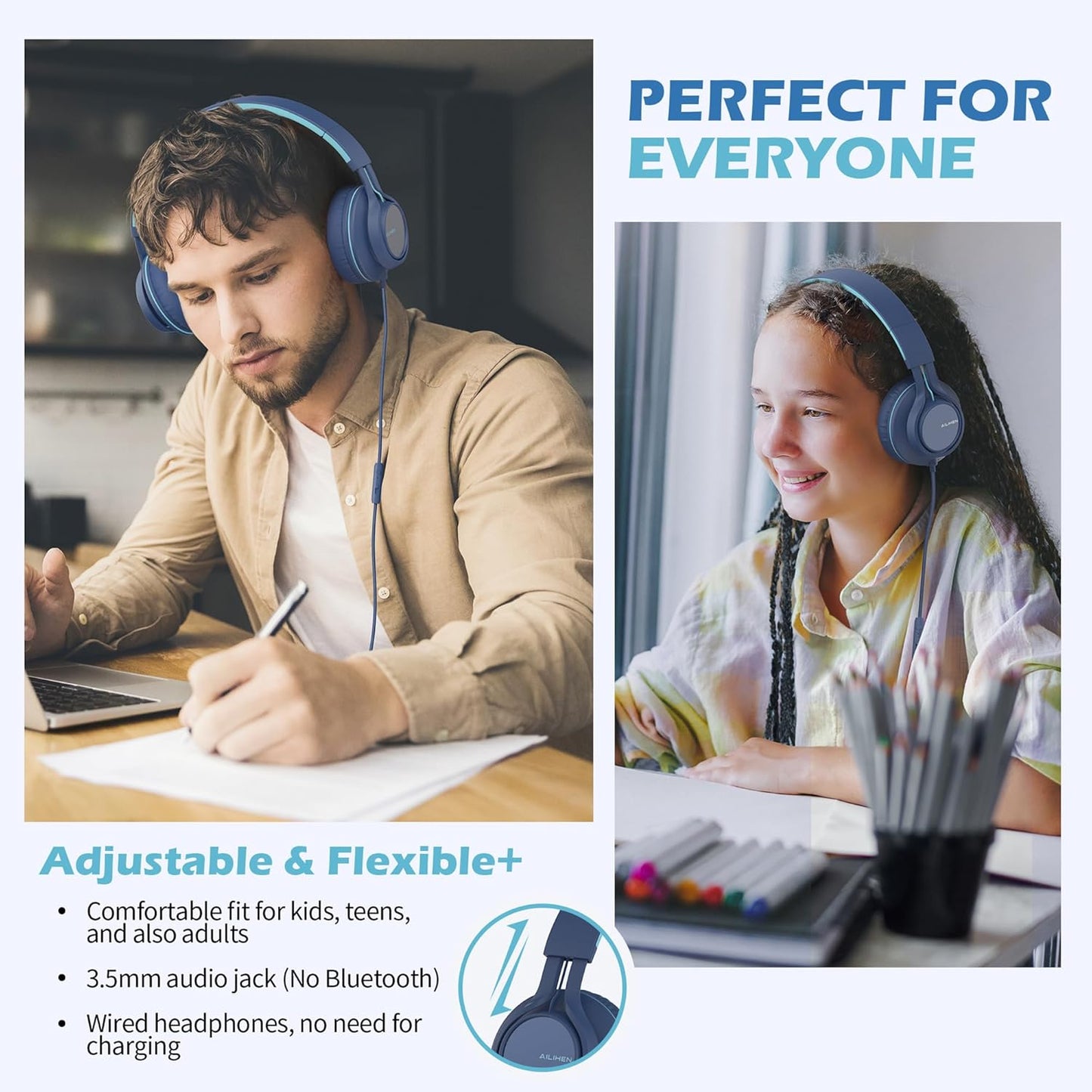 AILIHEN C8 Headphones Wired, On-Ear Headphones with Microphone and Volume Control, Corded 3.5mm Headset for Boys Girl School Smartphones Chromebook Laptop Computer Tablets Airplane Travel (Indigo)