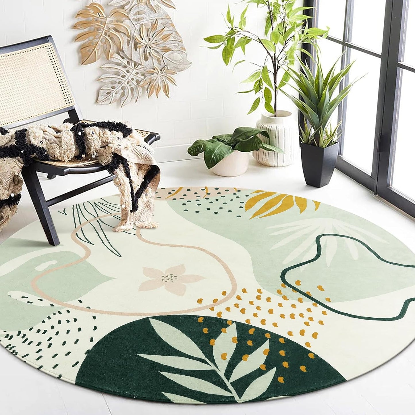 Lahome Green 8 Ft Round Rug - Washable Round Area Rug for Living Room Throw Soft Boho Round Rug Large Non-Slip Dining Room Rug, Botanical Print Round Carpet for Bedroom Office (Green,8'x8')
