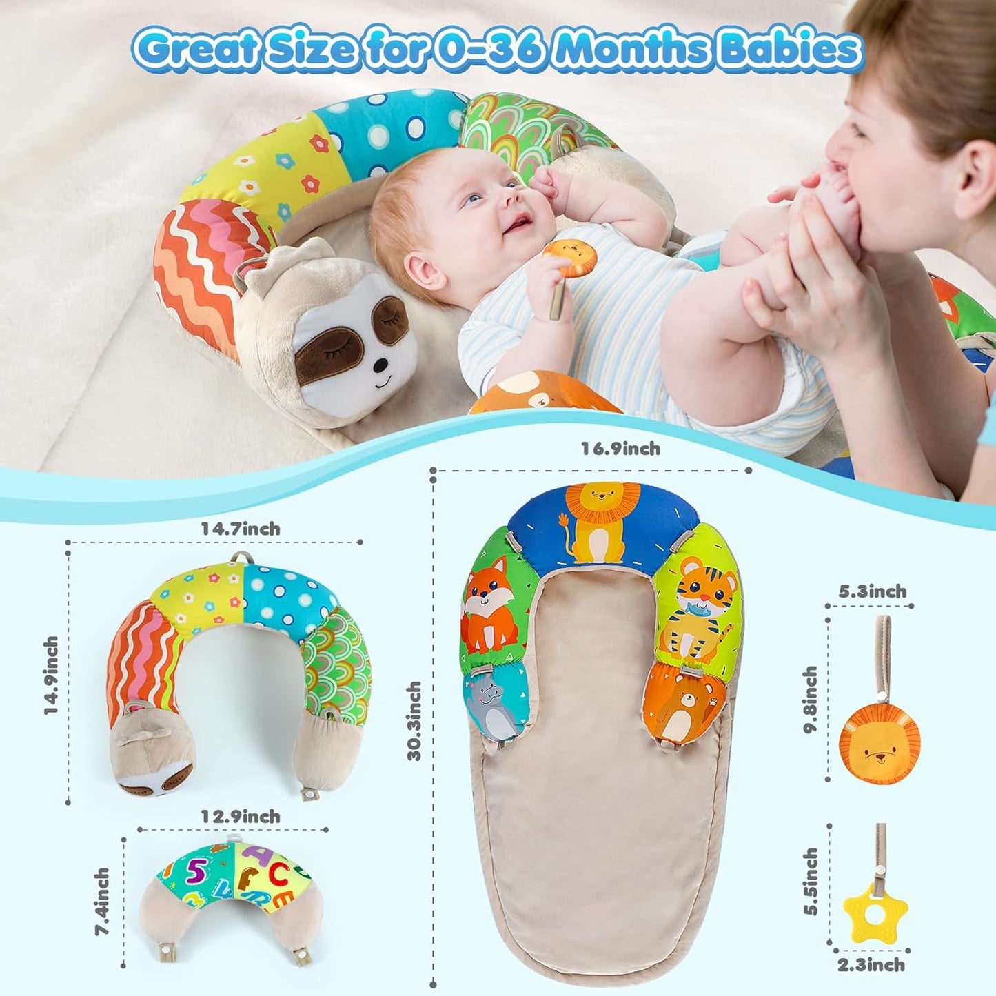 URMYWO Tummy Time Mat - 4 in 1 Cozy Tummy Time & Seated Support Pillow, Tummy Time Pillow for Newborn 0-12 Months, Infant Baby Sit Me Up Floor Seat Early Sensory Development Gifts Tummy Time Play Toys