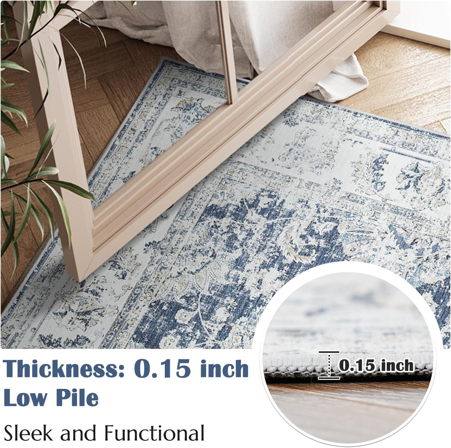 jinchan 8x10 Area Rugs for Living Room Machine Washable Vintage Floral Distressed Design Stain Resistant Boho Carpet Low Pile Non-Slip Rug for Bedroom Dining Room Home Office (8‘x10',Dark Blue)