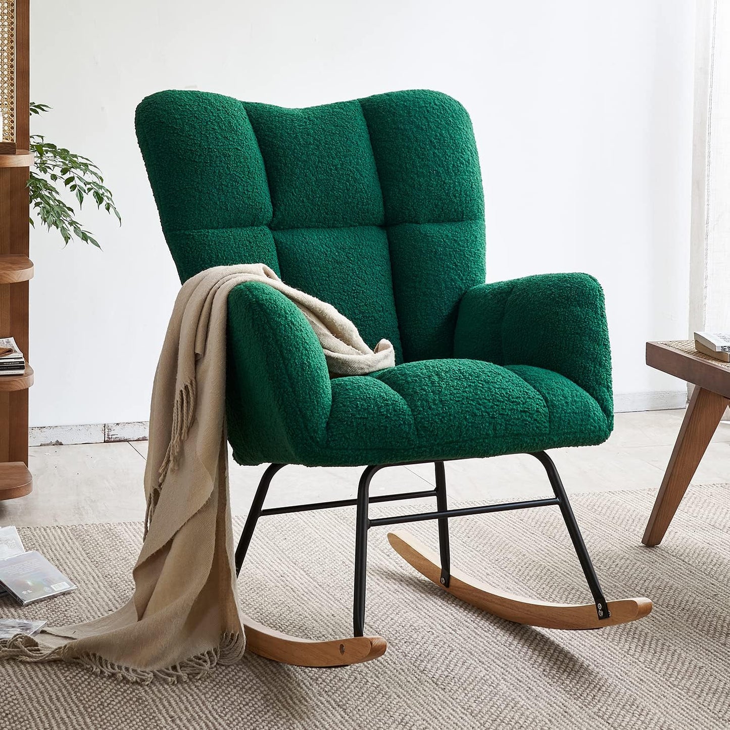 Nursery Rocking Chair, Teddy Fabric Upholstered Glider Rocker with High Backrest, Modern Rocking Accent Chairs Comfy Side Chair for Nursery, Bedroom, Living Room (Green)