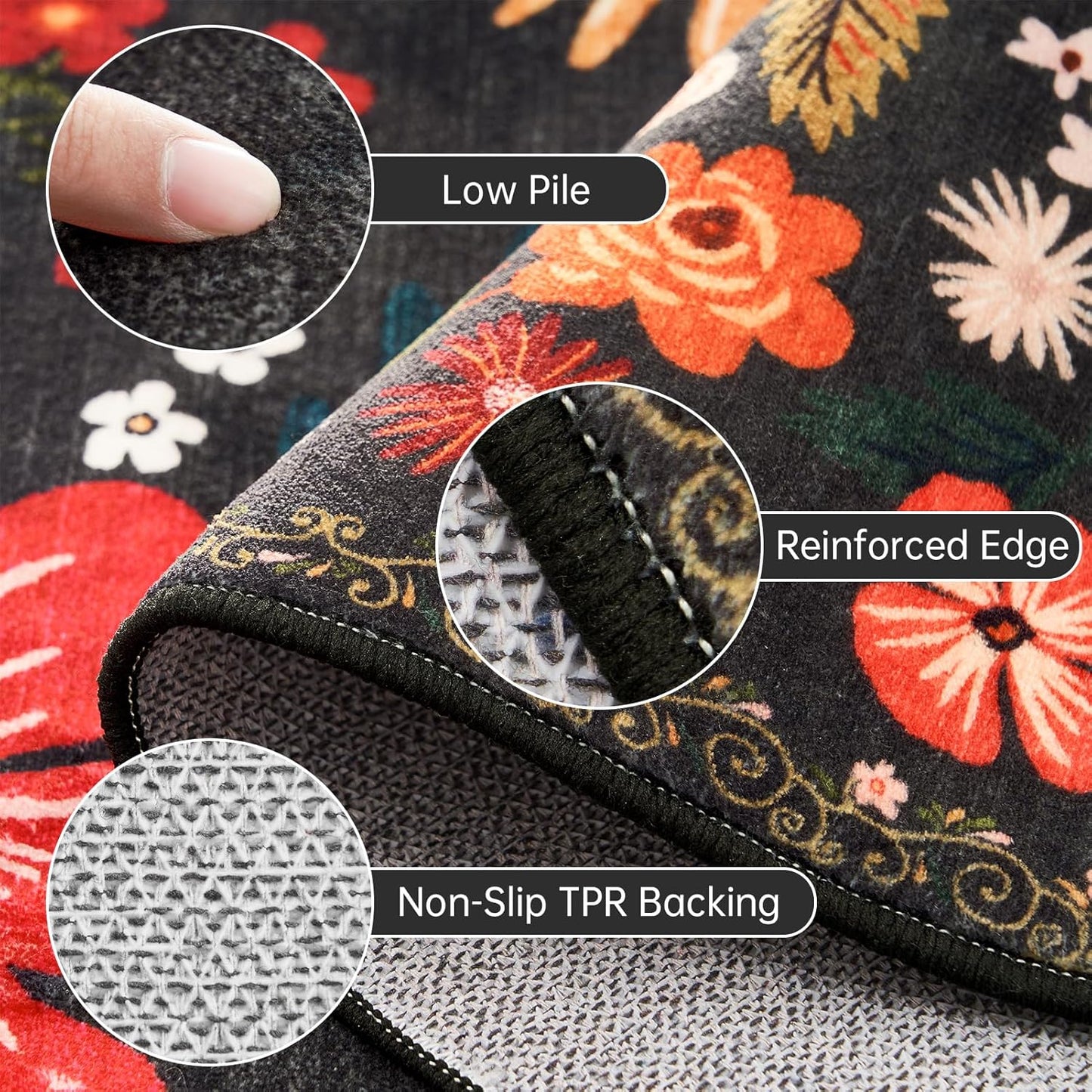Black Area Rug 5x7 for Bedroom Washable Boho Farmhouse Floral Rugs for Living Room Vintage Aesthetic Stain Resistant Non-Slip Soft Low Pile Thin Floor Carpet for Living Room Dining Room Nursery