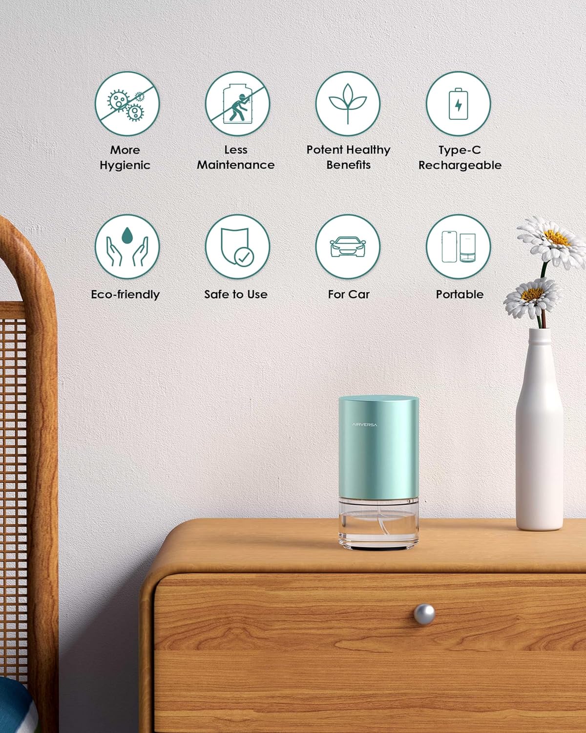 Essential Oil Diffuser Waterless Aromatherapy Diffusers for Home Large Room, Bedroom, Car, Office, Desk, Battery Operated, Small Diffuser for Pure Scent, 100mL Capacity, AN9 (Mint)