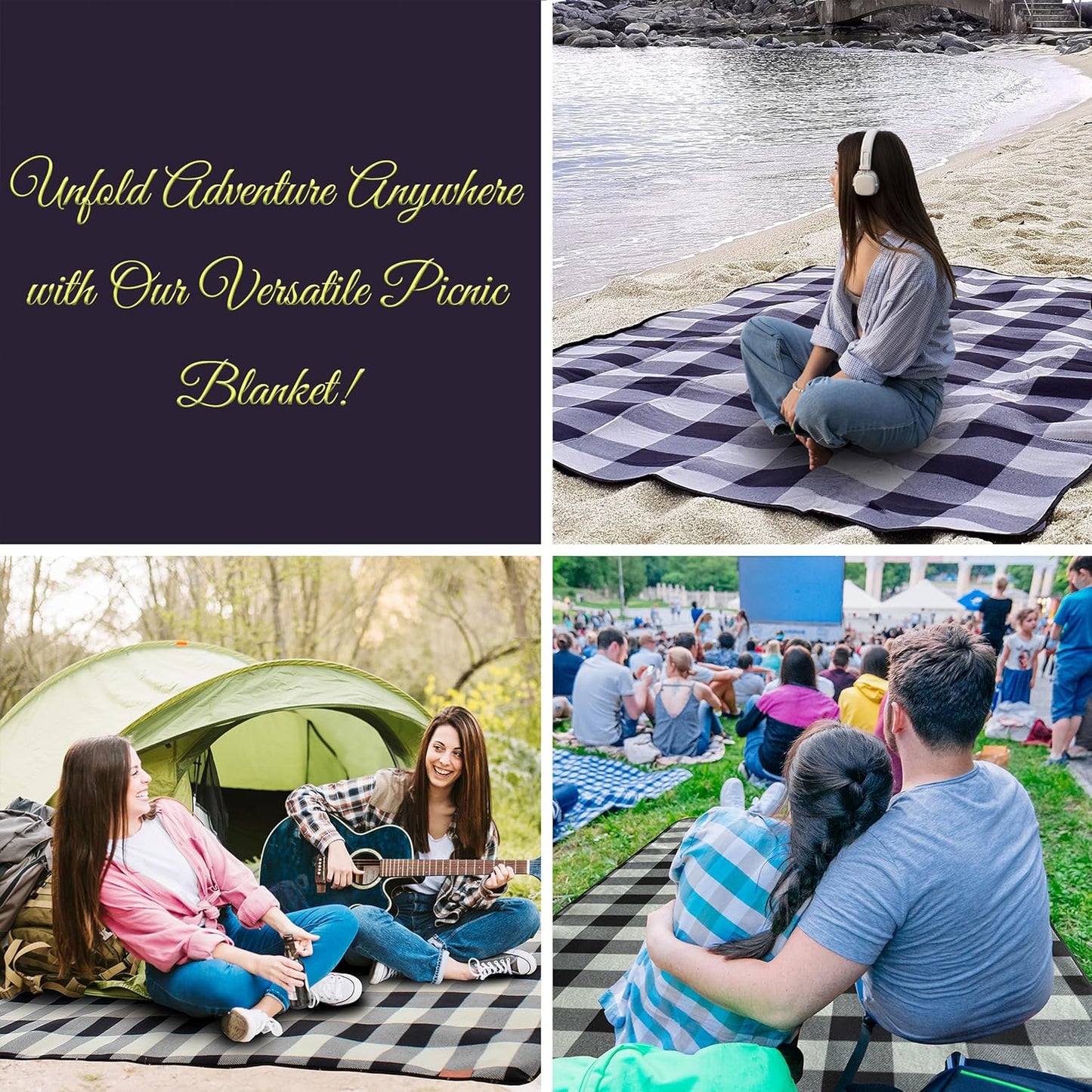 PortableAnd Picnic Blankets, 3 Layer Soft Fleece Blanket for Beach,Camping on Grass, Waterproof, Sandproof, Best Gift for Couple & Families, Black and Gray Checkered