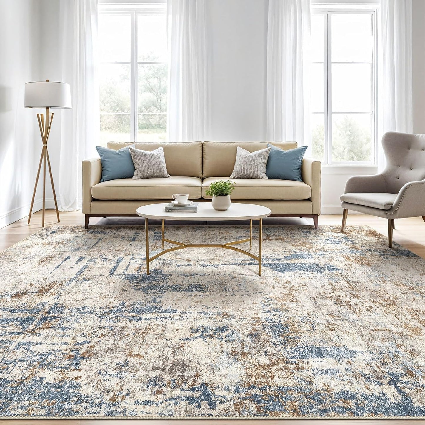 4x6 Rug Washable Area Rugs: Abstract Modern Soft Stain Resistant Indoor Floor Accent Non Slip Carpet for Living Room Entryway Kitchen Bedroom Nursery Office Bedside Home House Decor- Tan
