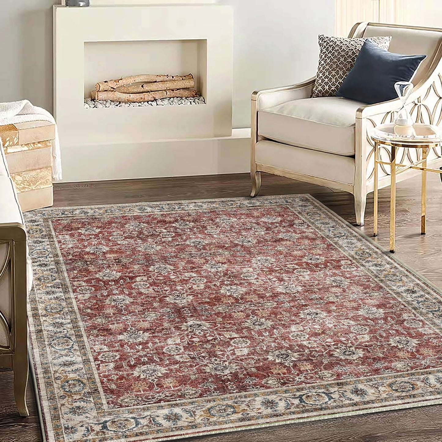 Washable Area Rug 4'x6' Traditional Floor Cover Foldable Thin Rugs Retro Kitchen Indoor Distressed Non Slip Carpet Floral Print Mat Bedroom Living Room