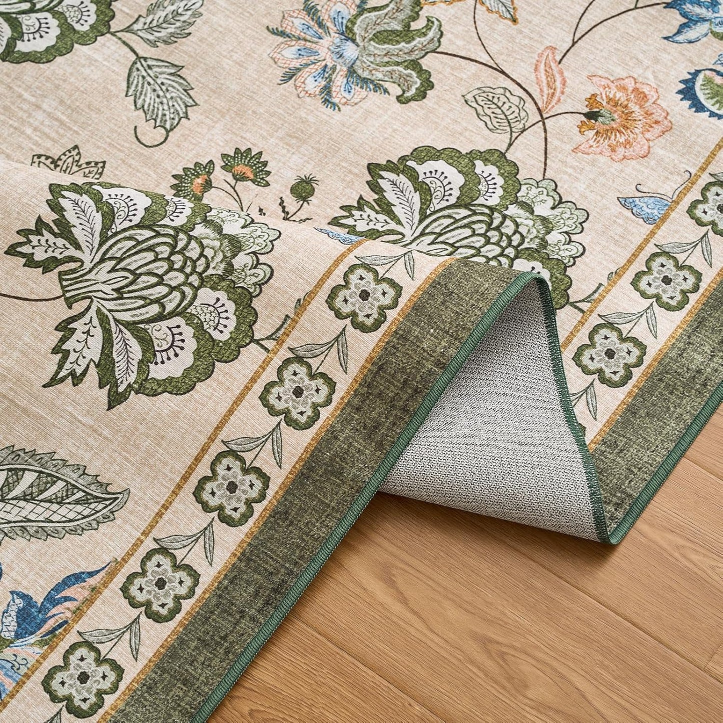 jinchan 7ft Floral Round Rug for Dining Room Washable Living Room Rug Vintage Romance Design Non Slip Indoor Floor Cover Lightweight Low-Profile Throw Carpet for Bedroom Porch Patio, Green/Beige