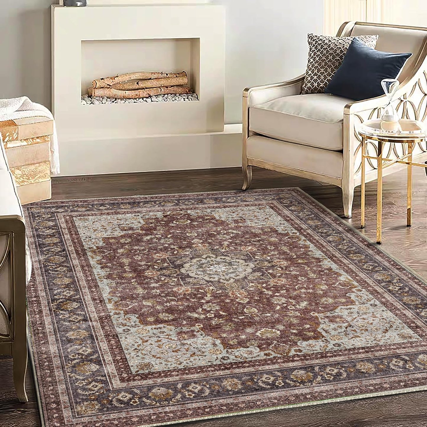 Washable Area Rug 4'x6' Traditional Floor Cover Foldable Thin Rugs Retro Kitchen Indoor Distressed Non Slip Carpet Floral Print Mat Bedroom Living Room
