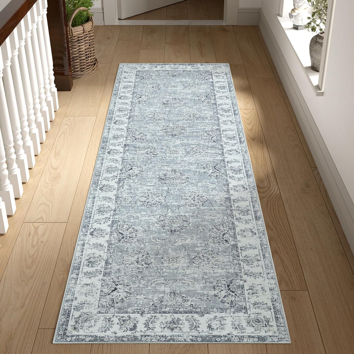 jinchan Runner Rug 2x6 Washable Hallway Runner - Vintage Floral Non Slip Low-Pile Soft Thin Kitchen Rug Distressed Carpet for Farmhouse Bedroom Entryway Laundry Room(2x6ft,Grey)
