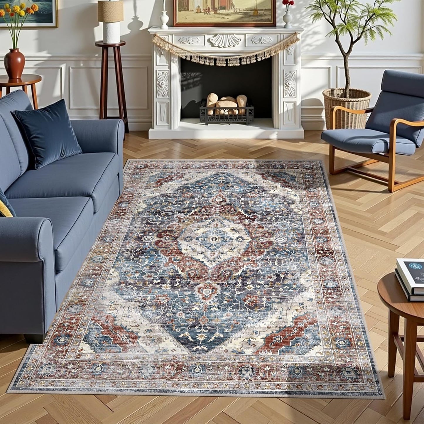 Boho Area Rug 4x6 Bedroom Rugs Ultra Soft Indoor Washable Rugs for Living Room Bedroom Laundry Room Decor, Low Pile Non-Slip Backing(Border Brown/Navy Blue)