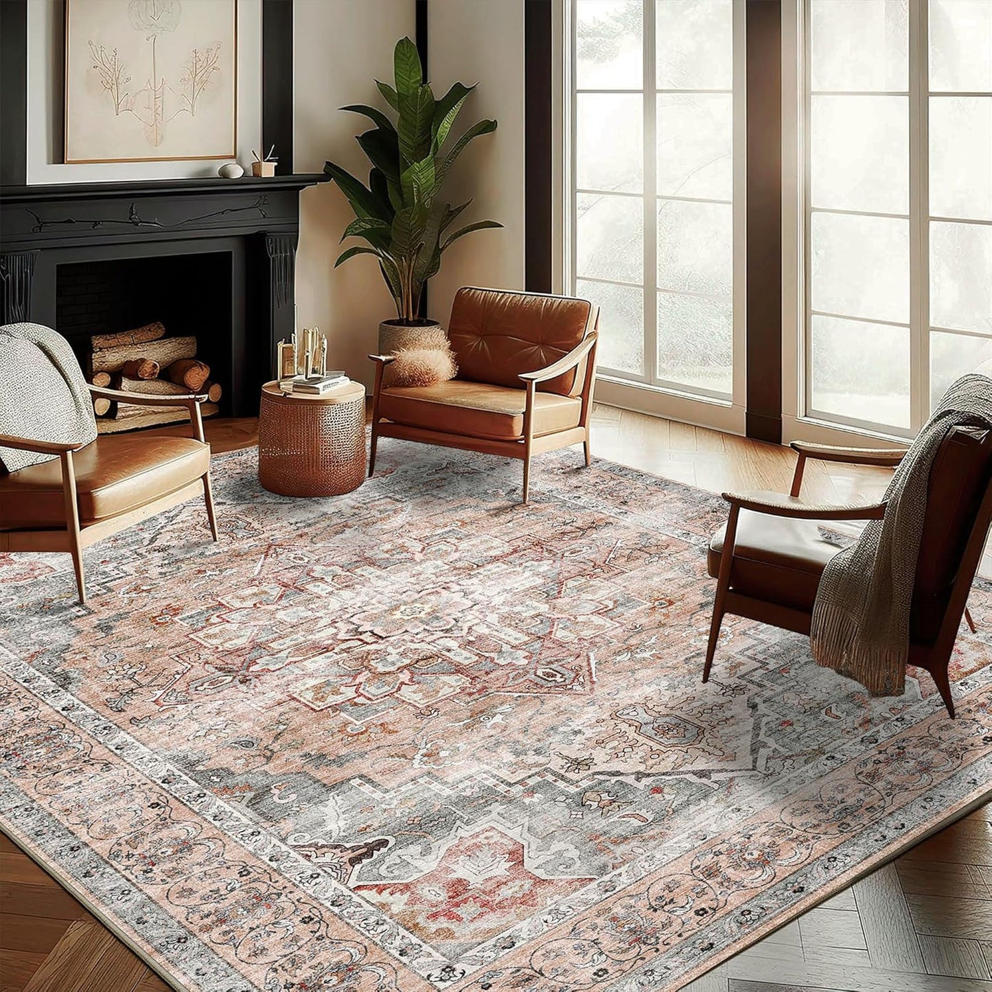 Washable Area Rug 9'x12' Light Cyan and Light red Retro Flowers Boho Design Non-Shedding Easy Care Ideal for High Traffic Areas in Living Room Bedroom Office Kitchen Large Carpet