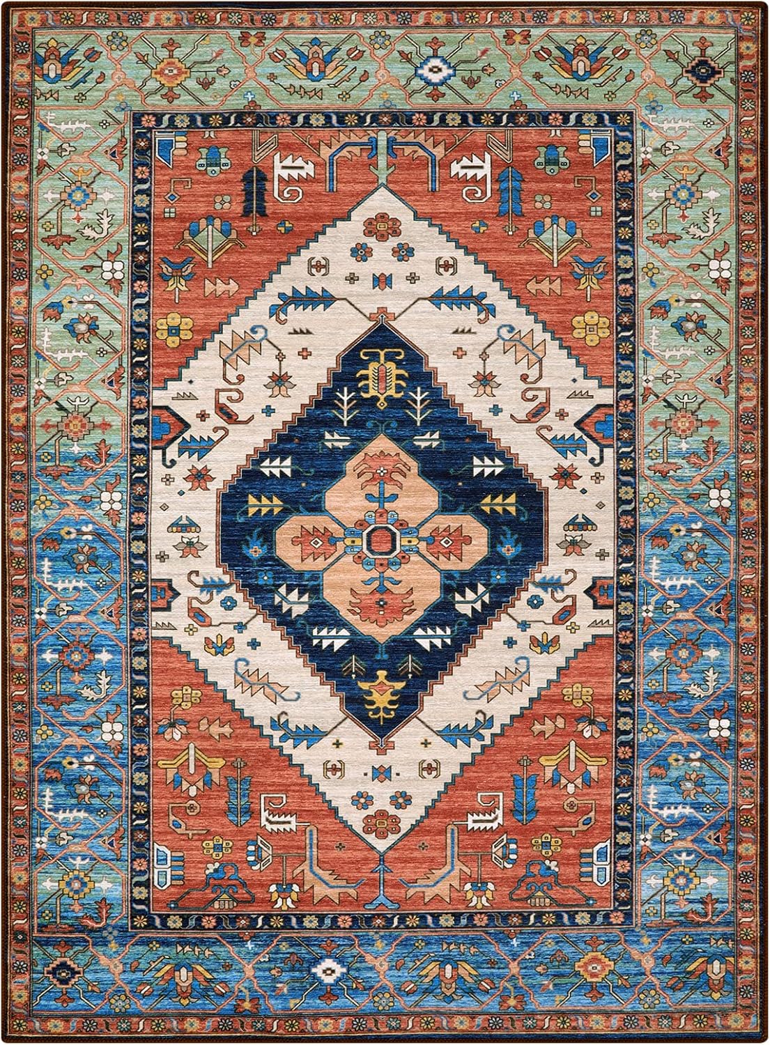 Lahome Boho Machine Washable Rugs - 5x7 Area Rugs for Living Room Non-Slip Oriental Throw Bedroom Rug Ultra-Thin Large Office Dining Room Rug Accent Floor Carpet for Kitchen Laundry Room