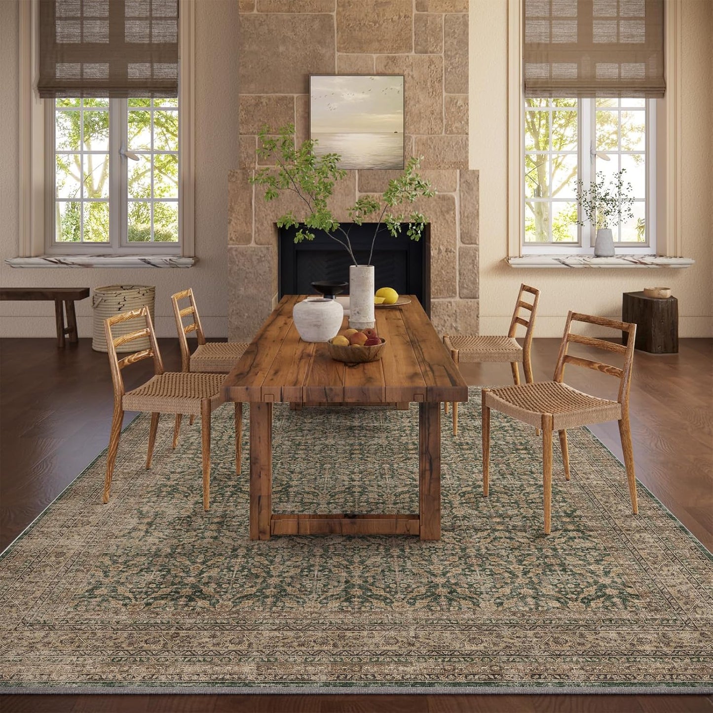Machine Washable Rugs for Living Room: 8x10 Area Rugs Boho Vintage Rugs Stain Resistant Non Slip Low Pile Soft Lightweight Carpet for Bedroom Kitchen Dining Room Nursery Kids Room Farmhouse
