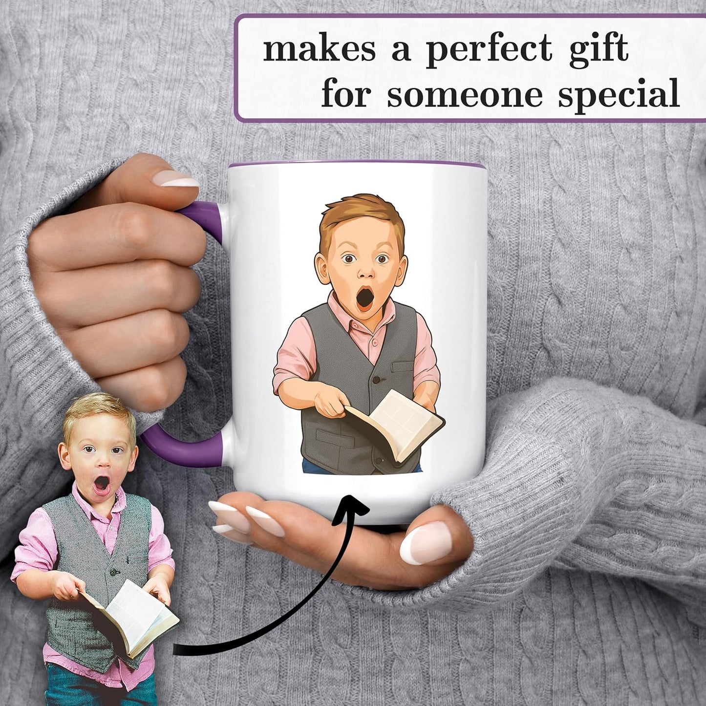 Personalized Coffee Mug, Custom Drawing Portrait Gift, Funny Customized Coffee Gift for Men & Women, Custom Mugs with Pictures, Purple 15oz Customized Ceramic Tea Cup
