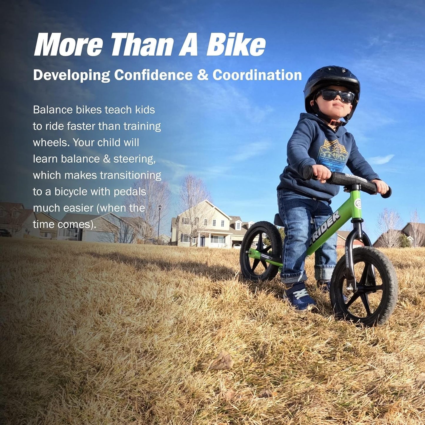 Strider 12” Sport Bike - No Pedal Balance Bicycle for Kids 1 to 4 Years - Includes Safety Pad, Padded Seat, Mini Grips & Flat-Free Tires - Tool-Free Assembly & Adjustments
