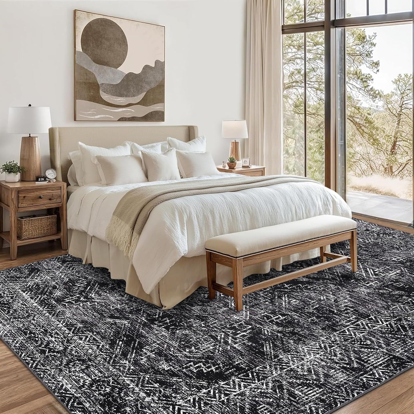 COZYLOOM Black Rug for Living Room 8x10 Washable Area Rugs Modern Abstract Floor Cover Non Slip Stain Resistant Geometric Mats Soft Throw Carpet for Nursery Bedroom Dining Room