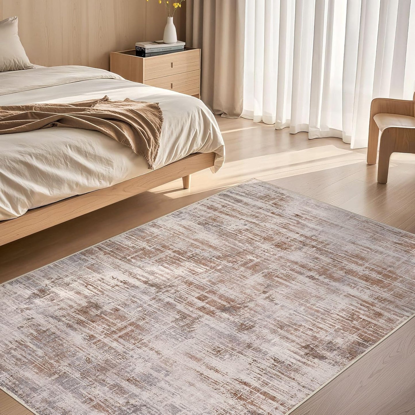 Area Rug for Living Room: 4x6 Washable Neutral Abstract Modern Soft Rugs Non Slip Indoor Floor Stain Resistant Carpet for Bedroom Dining Room Office Nursery - Red Brown