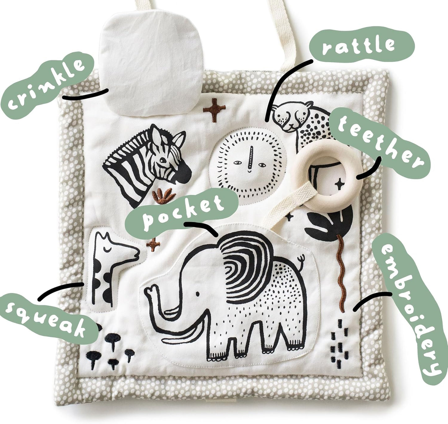 Wee Gallery Safari Activity Pad Organic Baby Play Mat with Sensory Toys, High Contrast Newborn Essentials Soft Tummy Time Mat for Babies 0-12 Months, Visual and Motor Skill Development Toy