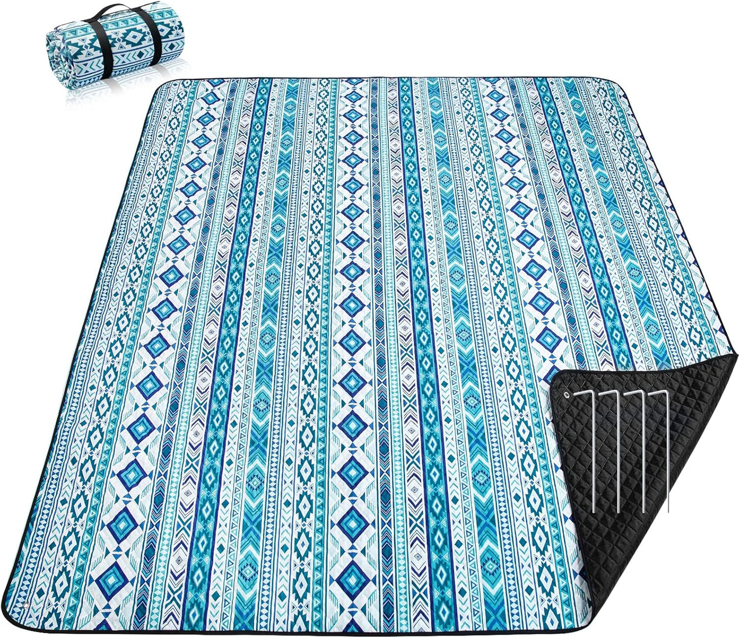 PY SUPER MODE Picnic Blankets Extra Large, Waterproof Foldable Outdoor Beach Blanket Oversized 83x79” Sandproof, 3-Layer Picnic Mat for Camping, Hiking, Travel, Park, Concerts(Teal Boho)