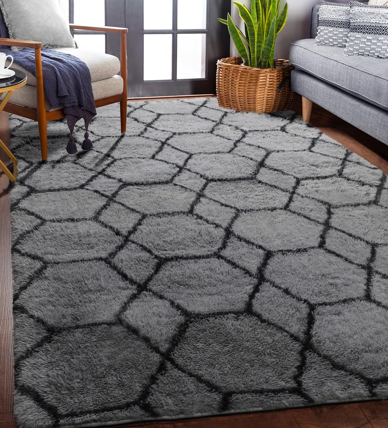 ONASAR Area Rugs for Bedroom Living Room, Washable 4x6 Fluffy Grey and Black Rug, Shaggy Geometric Floor Mat for Home Decor Aesthetic, Soft Plush Fuzzy Carpet for Nursery Kids Teen Dorm