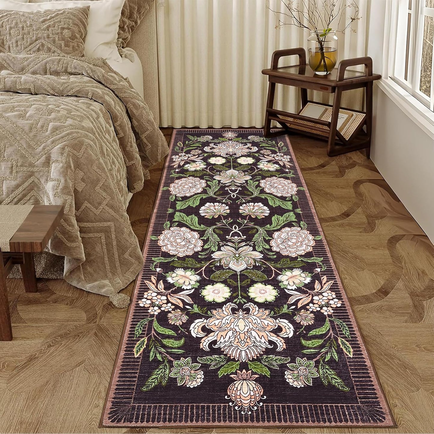 GarveeHome Plum Pink Floral Botanical 2x6 Washable Kitchen Runner Rugs Non Slip Black Purple Vintage Boho Cottage Long Rug for Hallways Bedroom Entryway Bathroom Mat with Rubber Back