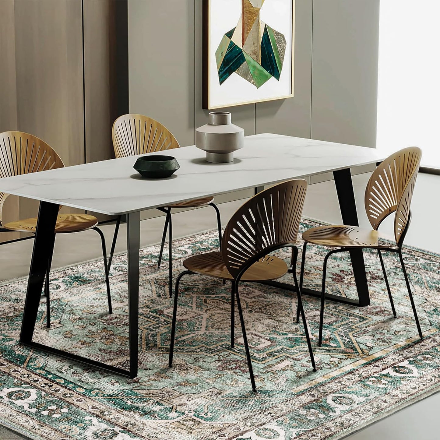 6'x9' Green Washable Area Rug Boho Chic Medallion Distressed Design Non-Shedding Easy Care Ideal for High Traffic Areas in Living Room Bedroom Office Kitchen Coffee Table Large Carpet