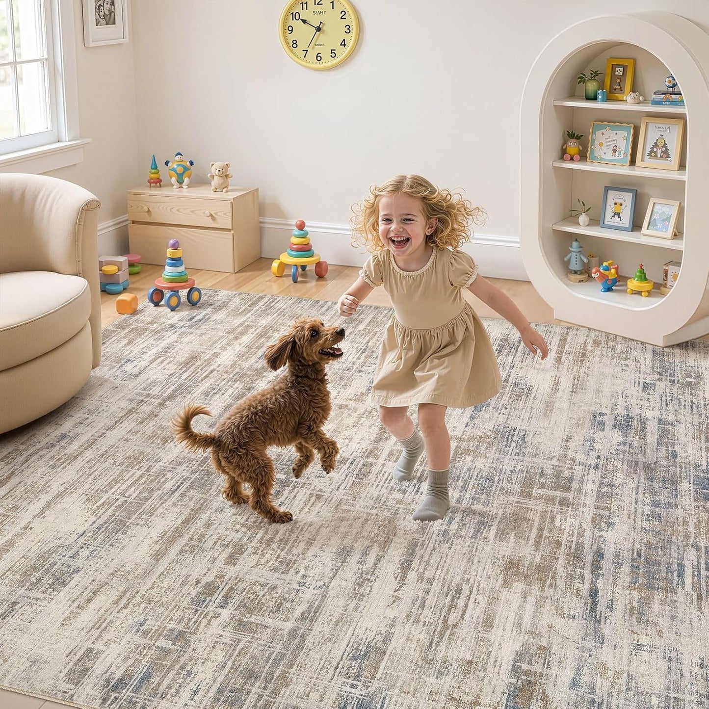 Area Rug for Living Room: 9x12 Washable Neutral Abstract Modern Soft Rugs Non Slip Indoor Floor Stain Resistant Large Carpet for Bedroom Dining Room Office Nursery - Brown