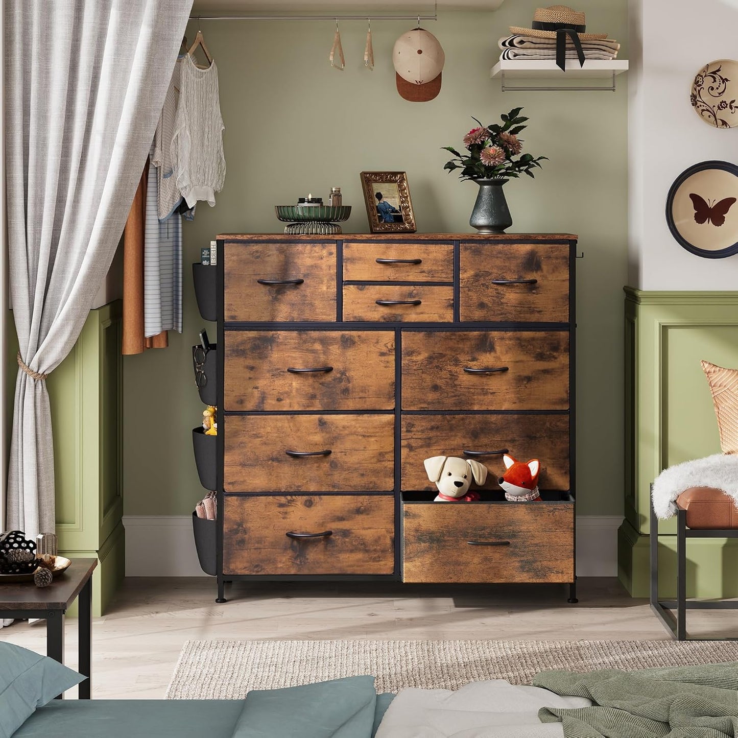 WLIVE Fabric Dresser for Bedroom with 10 Drawers, Chest of Drawers with Side Pockets and Hooks, Sturdy Metal Frame, Drawers Organizer Unit for Living Room, Hallway, Rustic Brown Wood Grain Print