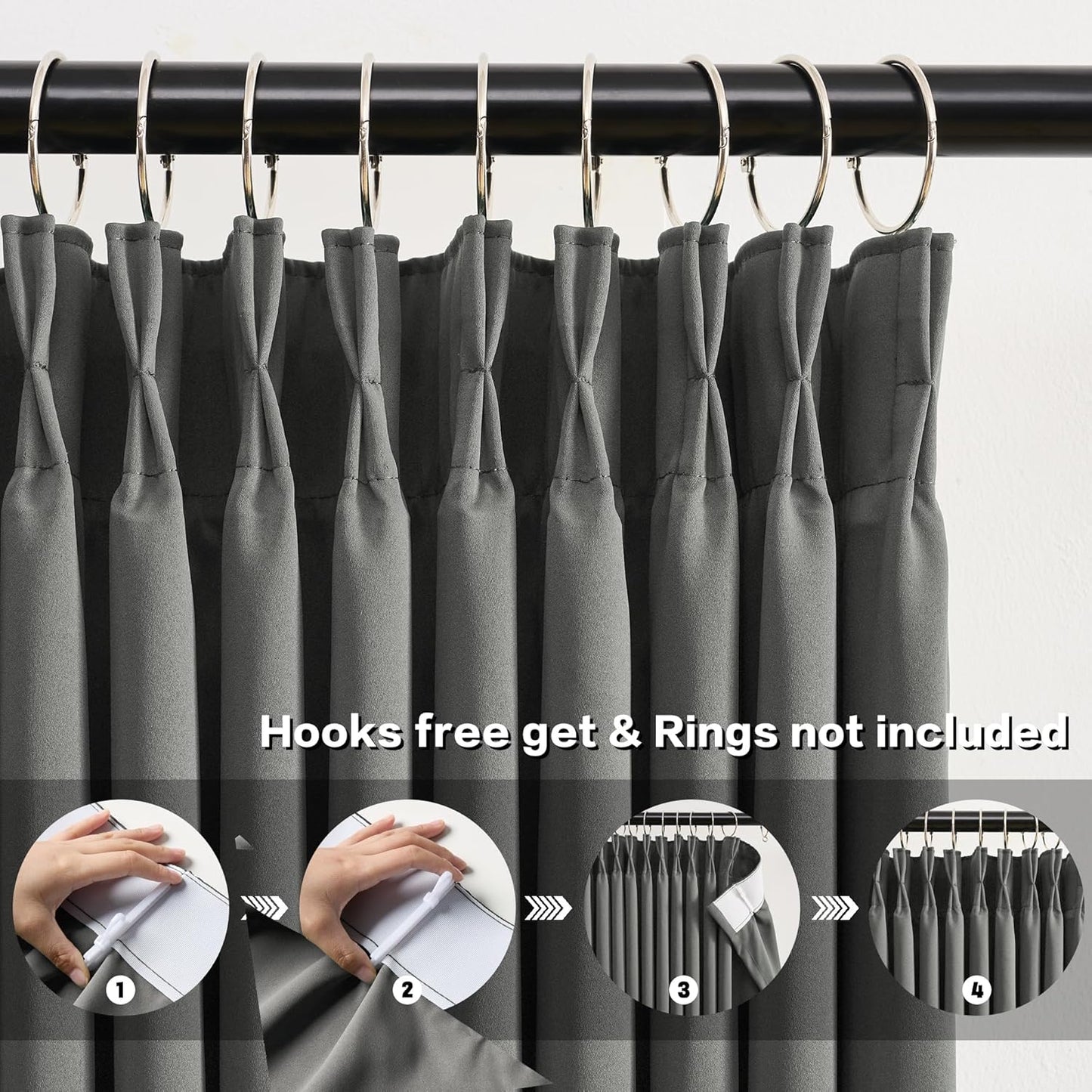 Grey Blackout Curtains 105 Inches Long 2 Panels Set, 60 Inch Wide Pinch Pleated Curtain with Hooks,Thermal Insulated Room Darkening Vertical Window Treatments for Living Room Bedroom 60 x 105
