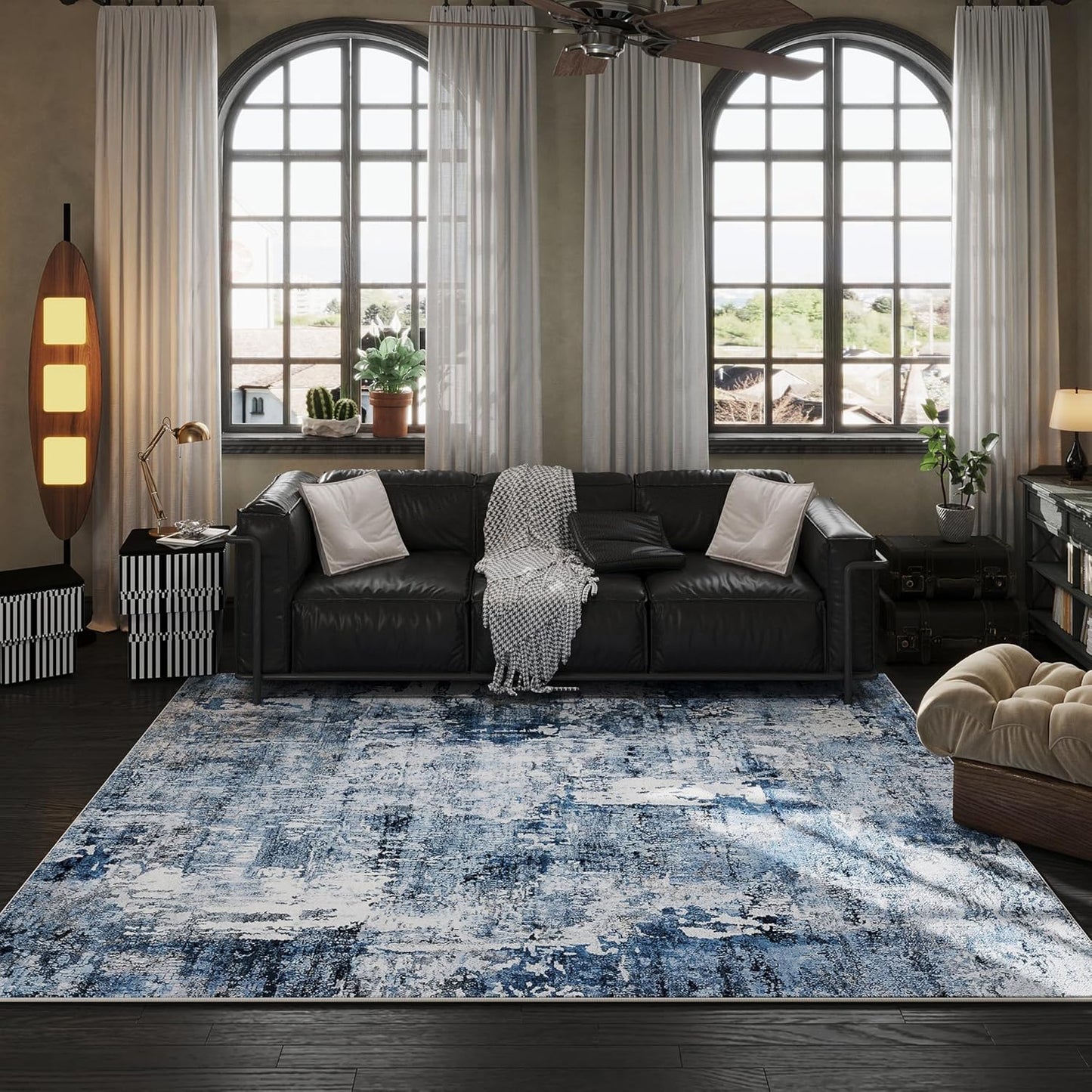 Area Rug 5x7 Washable Rug Boho Soft Abstract Pattern Non-Slip Non-Shedding Faux Wool Vintage for Living Room, Bedroom, Farmhouse, Dining Room, Indoor, Kids Playroom, Blue