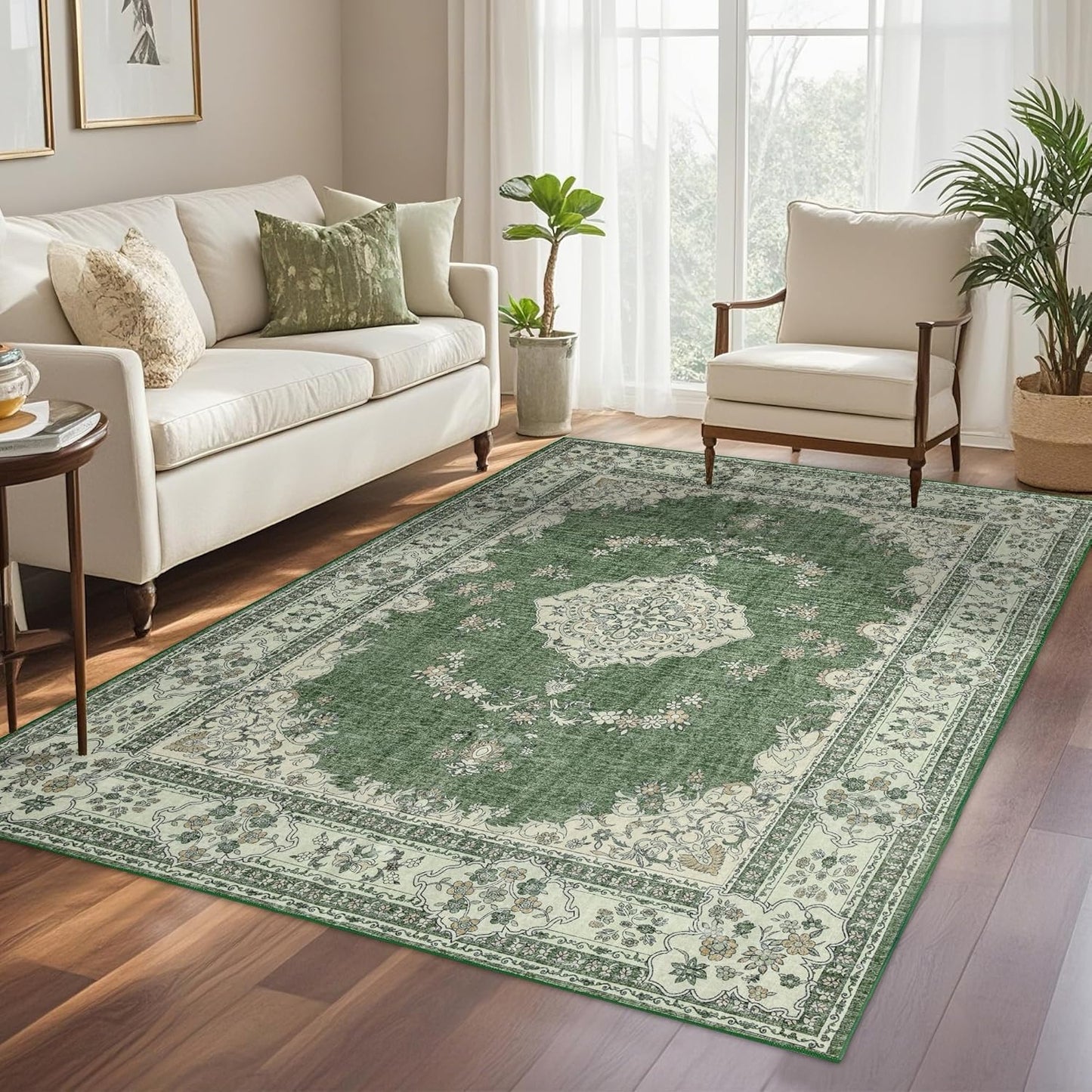 5x8 Area Rug Washable: Oriental Soft Area Rug for Living Room Bedroom No Shedding - Low Pile Thin Carpet Rug for Dining Room Non Slip - Boho Vintage Rug for Home Decor - Olive Green