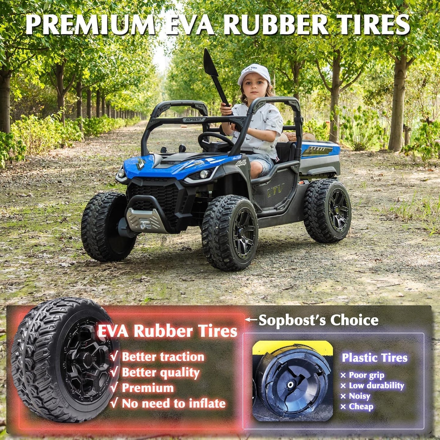 sopbost 24V 10Ah 2 Seater Ride On Car with Remote Control Battery Powered Ride On Toy Electric 4x4 Kids UTV with Large Dump Bed, 4x75W Motors, Blue