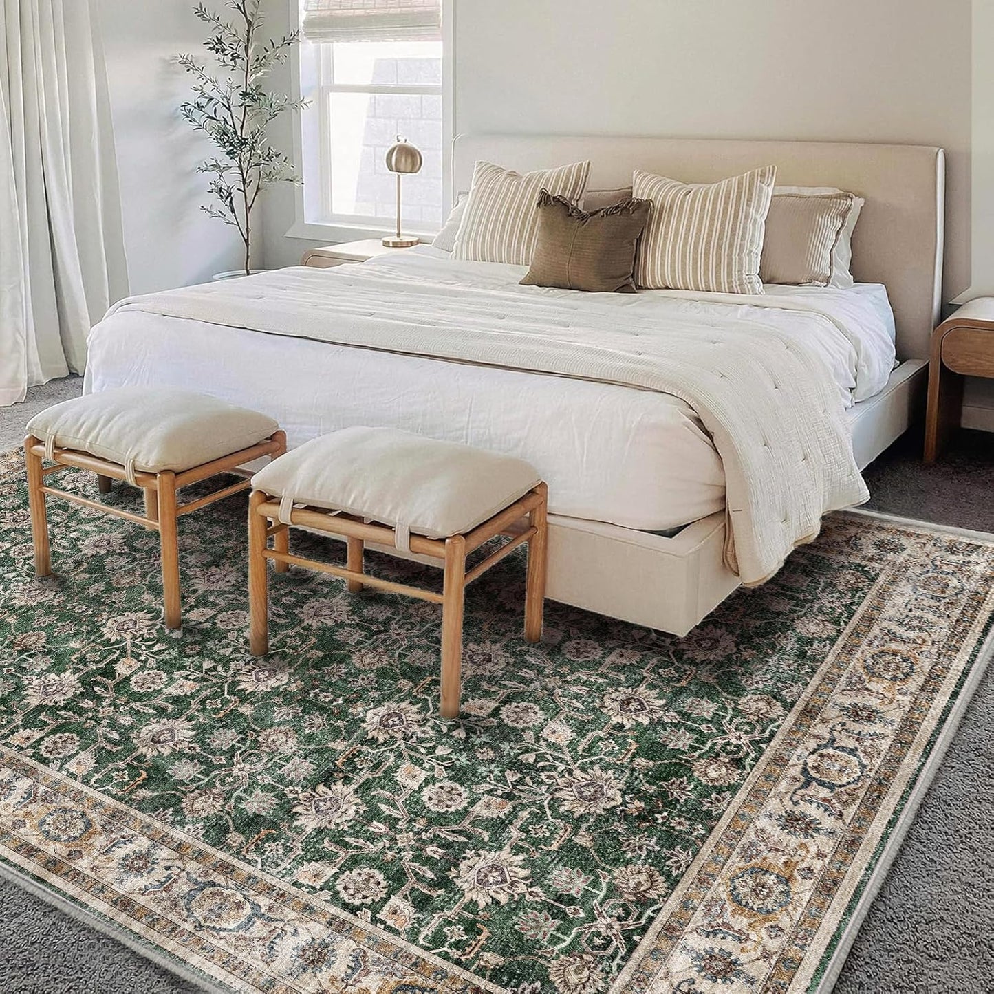 Washable Area Rug 4'x6' Vintage Traditional Floor Cover Foldable Thin Rugs Retro Kitchen Indoor Distressed Non Slip Carpet Floral Print Mat Bedroom Living Room