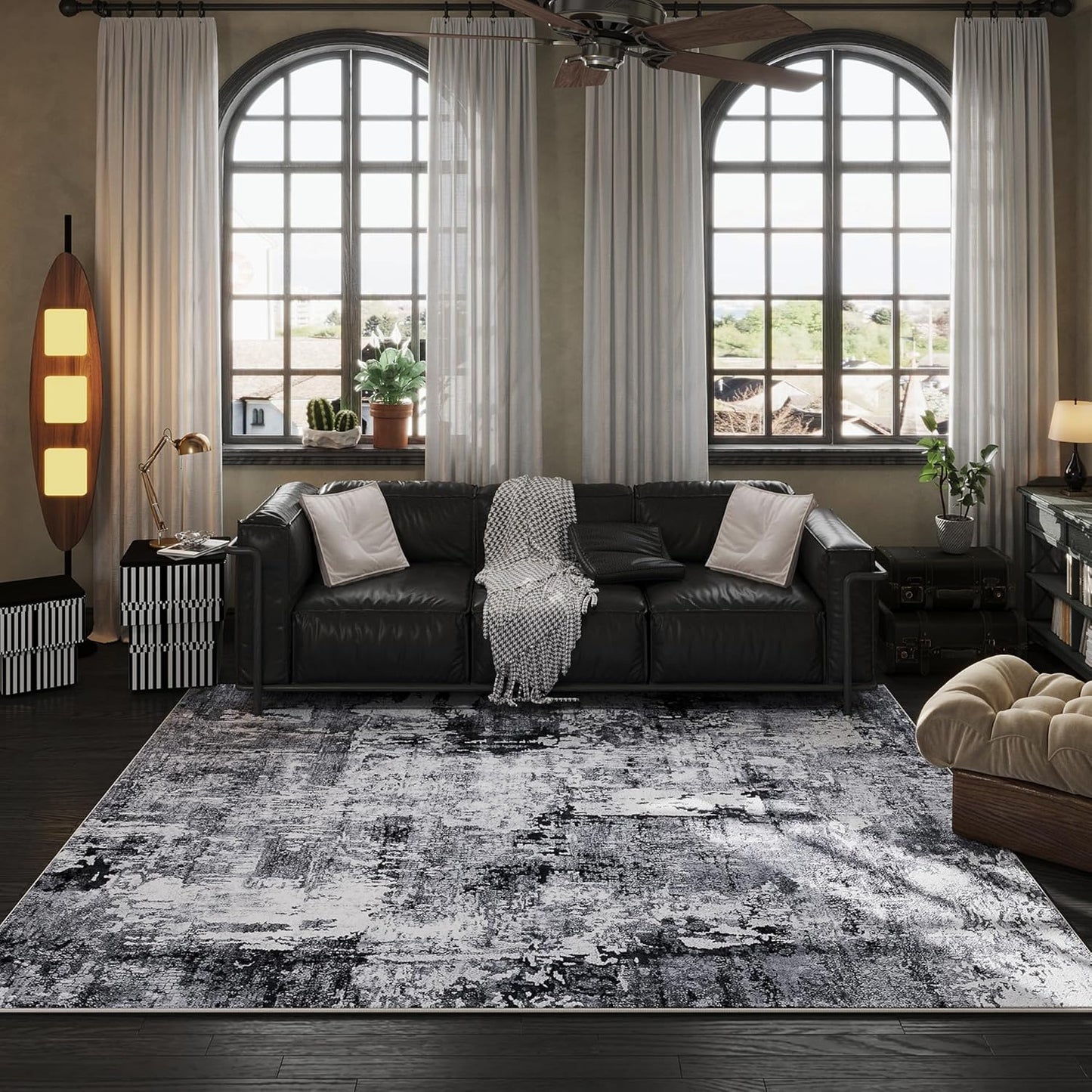 Area Rug 5x7 Washable Rug Boho Soft Abstract Pattern Non-Slip Faux Wool Vintage for Living Room, Bedroom, Farmhouse, Dining Room, Kids Playroom, Grey and Black