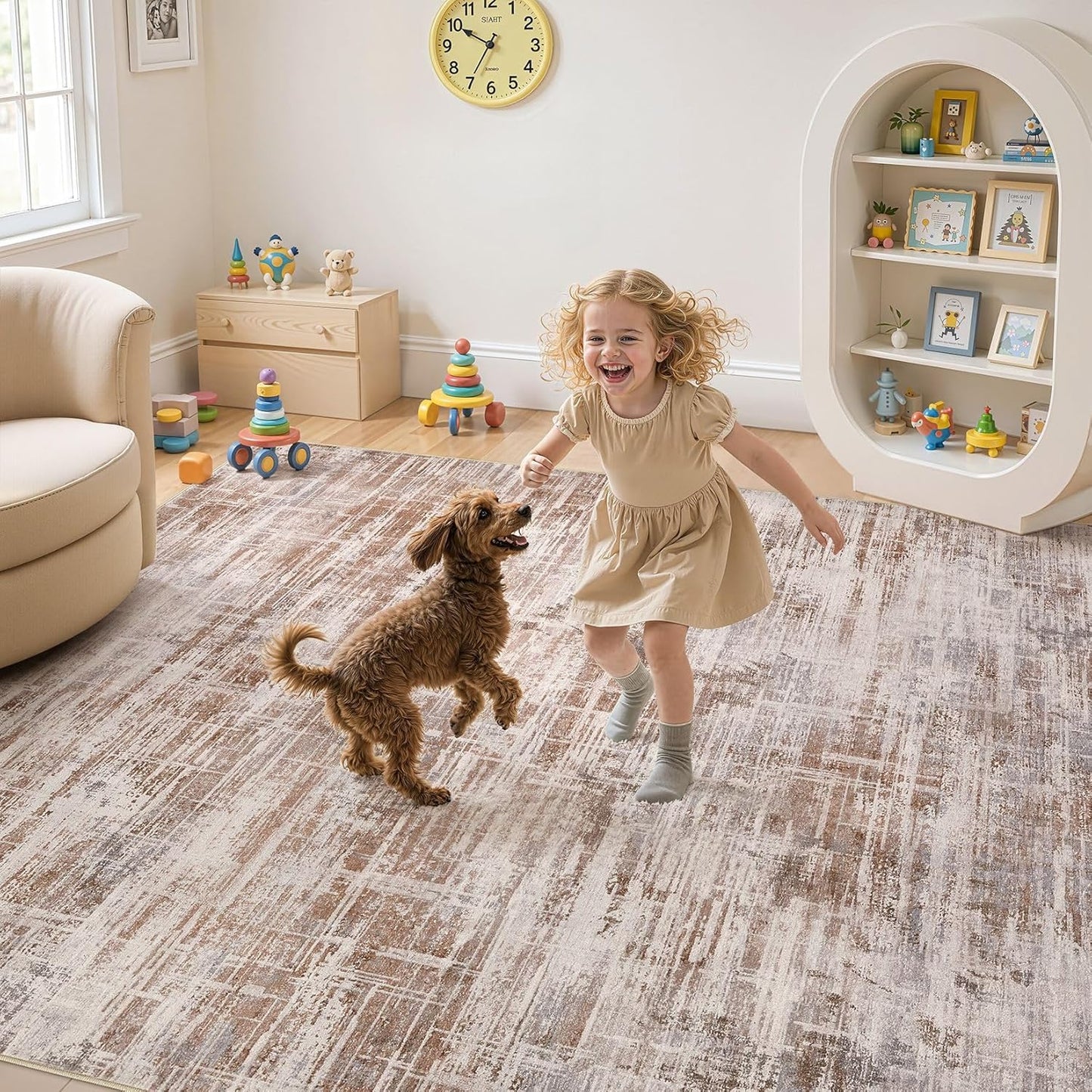 Area Rug for Living Room: 6x9 Washable Neutral Abstract Modern Soft Rugs Non Slip Indoor Floor Stain Resistant Large Carpet for Bedroom Dining Room Office Nursery - Red Brown